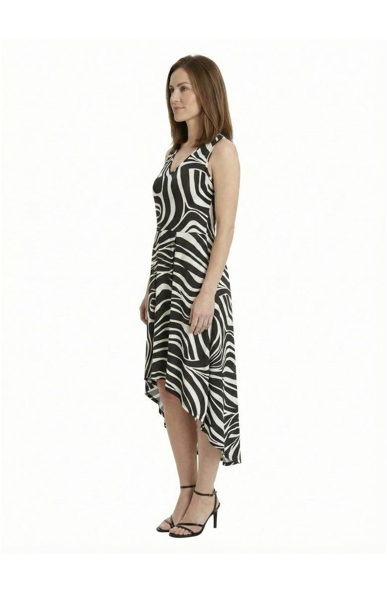 24seven Comfort Apparel Elevate Petite Zebra Sleeveless Fit N Flare High Low Pocket Midi Dress, Alternate, color, Black Multi