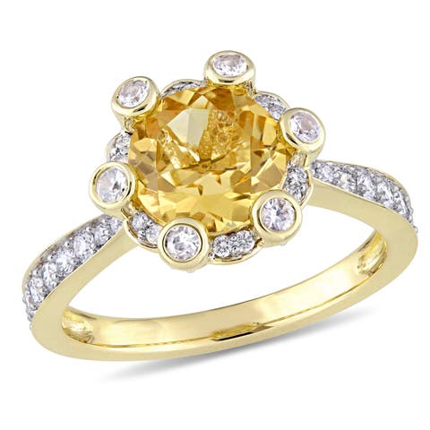 Citrine White Sapphire & Diamond Halo Ring 14k