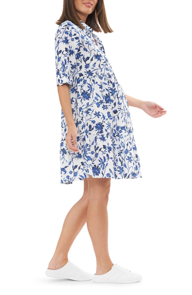 Ripe Maternity Bella Linen Maternity Shirt Dress, Alternate, color, White / Lapis