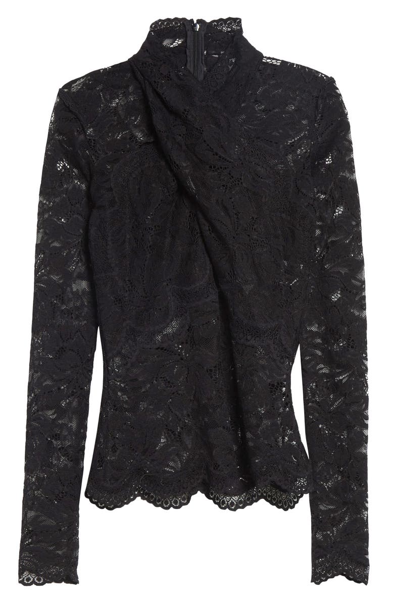 Rabanne Twist Front Scalloped Lace Top, Main, color, Black