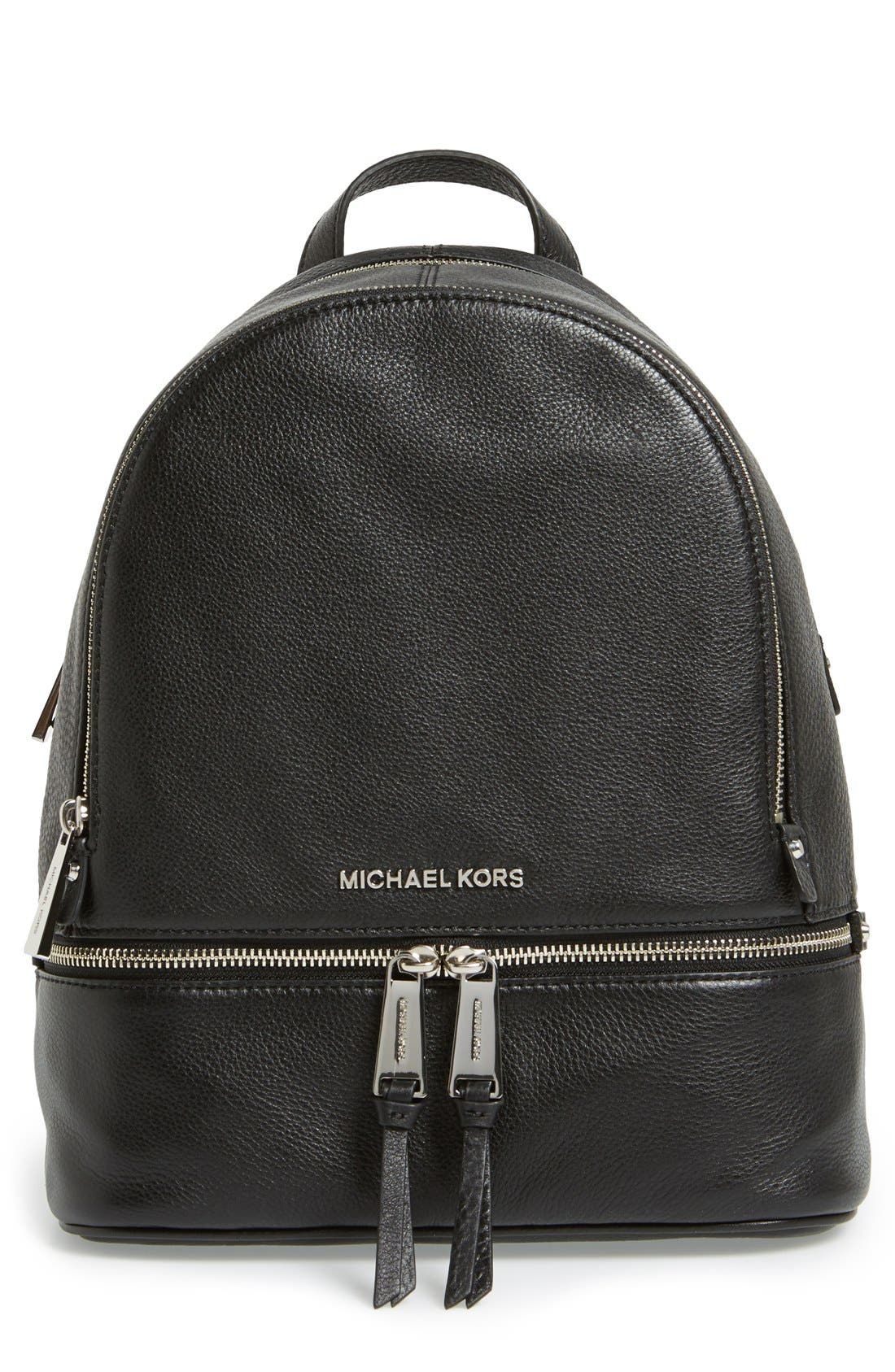 'Small Rhea Zip' Leather Backpack, Main, color, BLACK/ SILVER