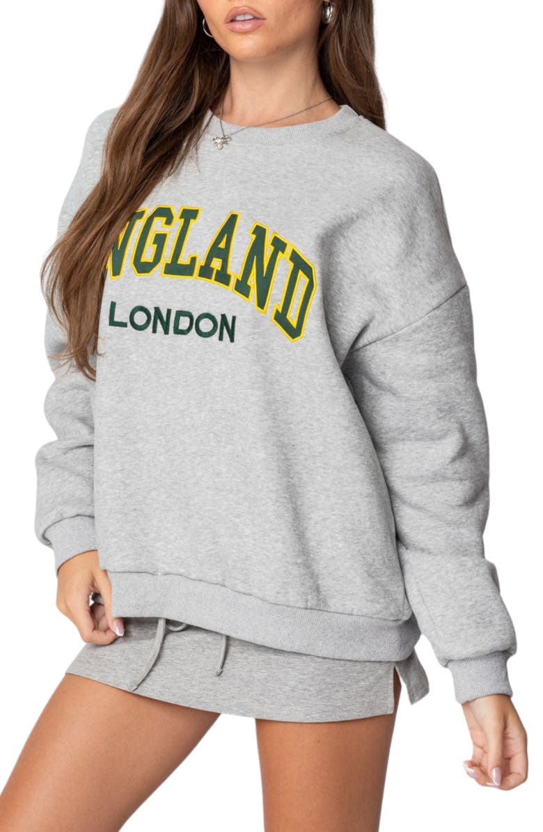 EDIKTED England Embroidered Fleece Sweatshirt, Alternate, color, Gray-Melange