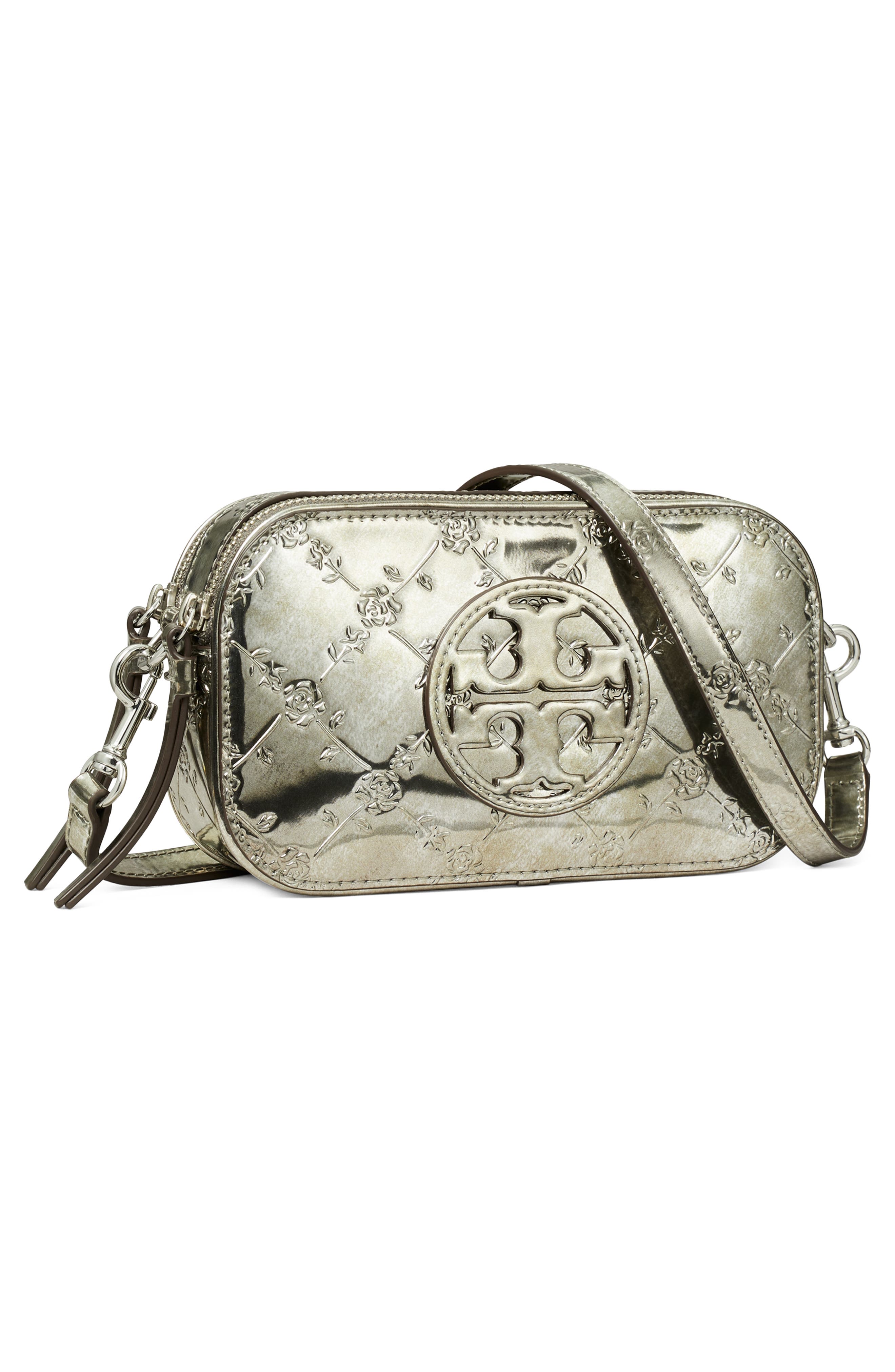 Tory Burch Mini Miller Embossed Floral Metallic Leather Crossbody Bag, Alternate, color, 