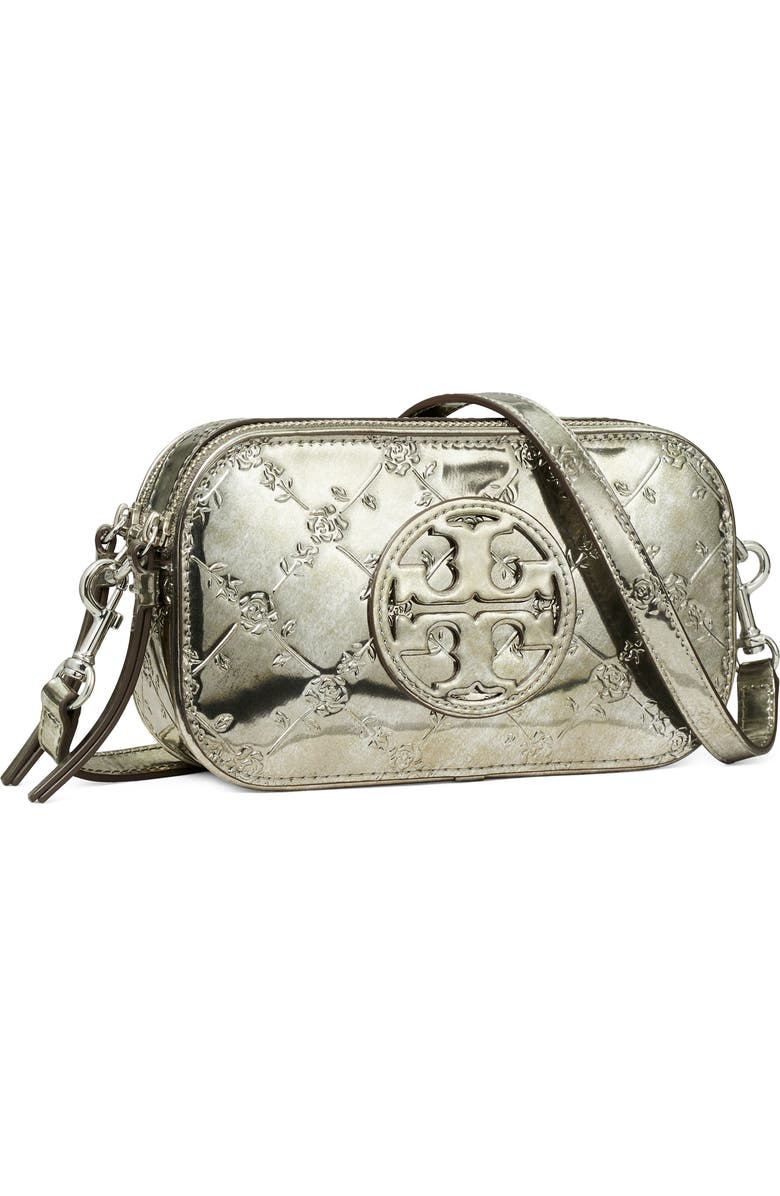 Tory Burch Mini Miller Embossed Floral Metallic Leather Crossbody Bag, Alternate, color,