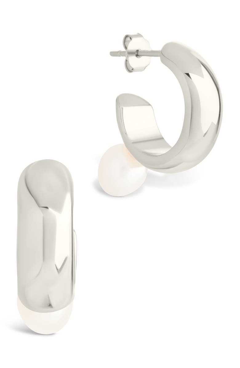 Sterling Forever Micki Cultured Pearl Drop Hoop Earrings, Main, color, Silver