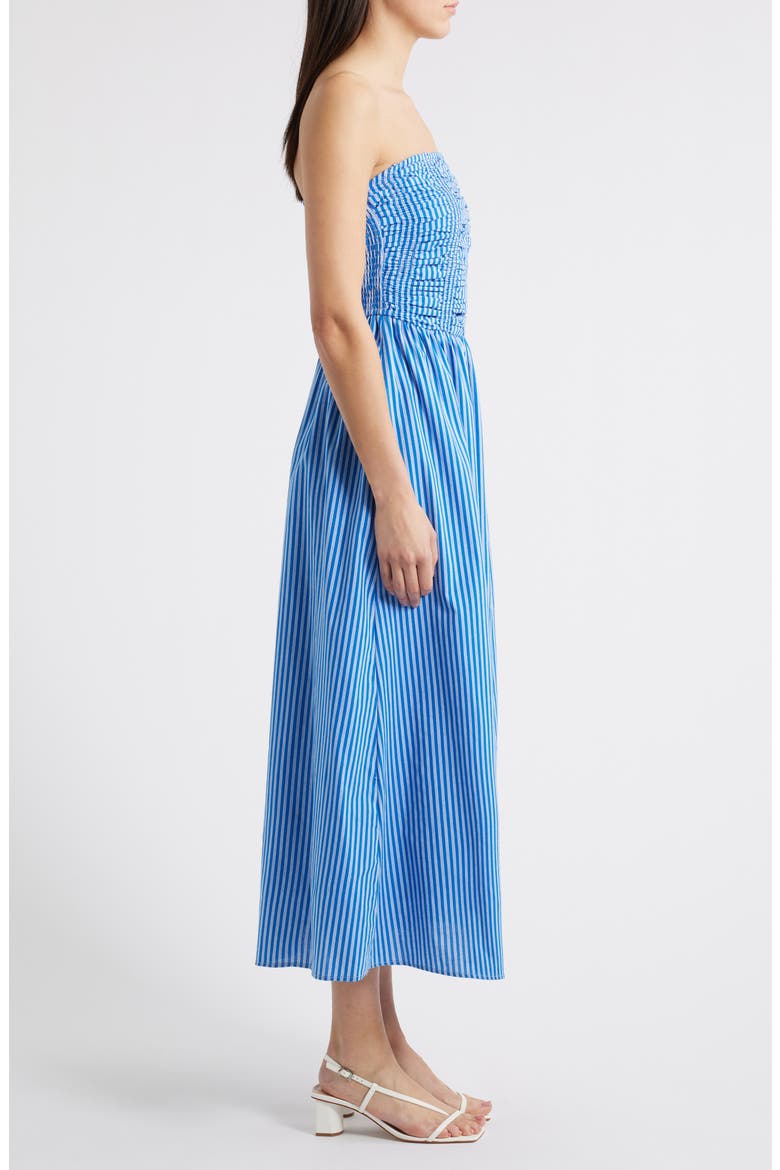 Stripe Strapless Cotton Fit & Flare Midi Dress, Alternate, color, BLUE