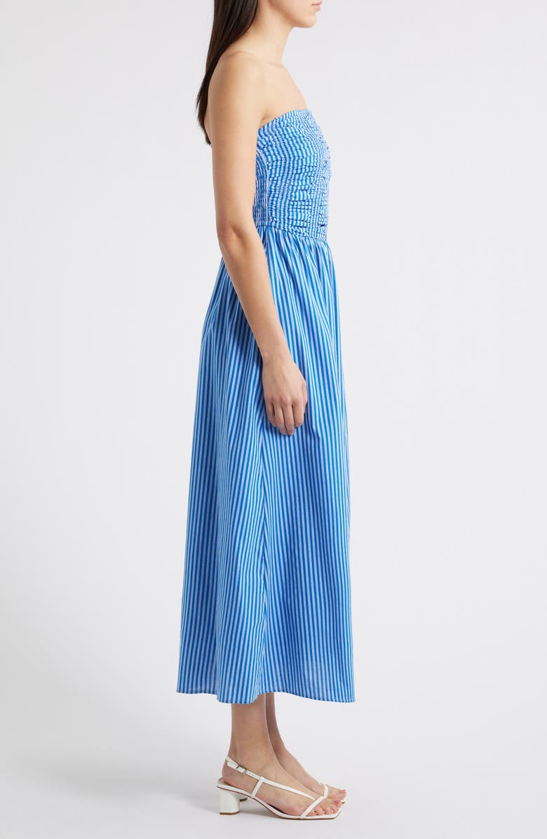MOON RIVER Stripe Strapless Cotton Fit & Flare Midi Dress, Alternate, color, Blue