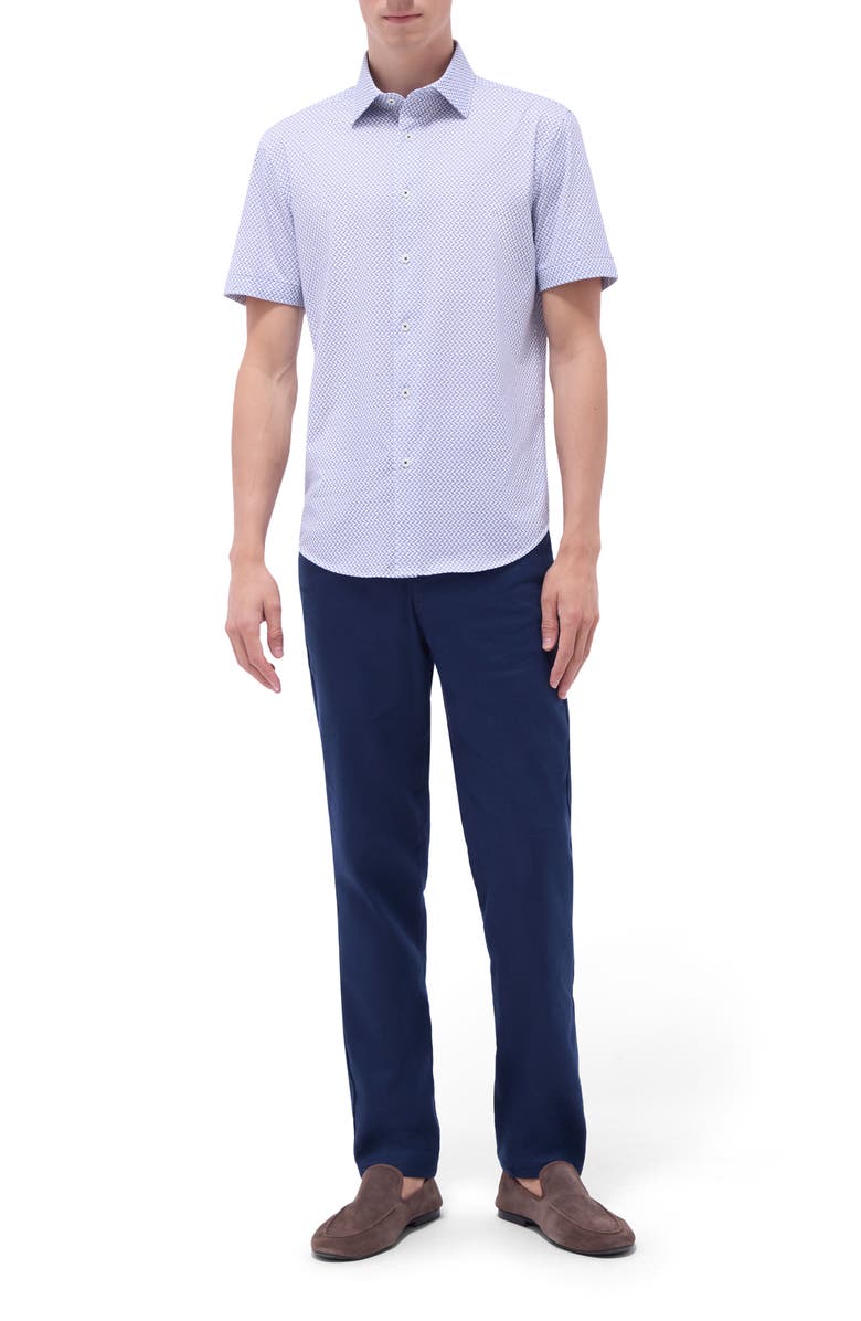 Bugatchi Miles OoohCotton<sup>®</sup> Bird Print Short Sleeve Button-Up Shirt, Alternate, color, Peacock