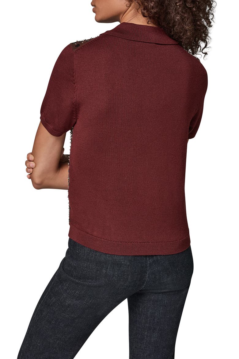 Sequin Floral Short Sleeve Polo Sweater, Alternate, color, BK CHRRY/ E