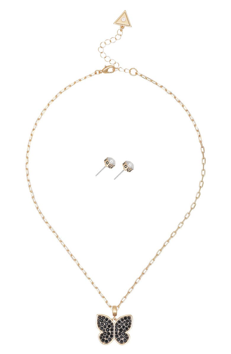 GUESS Butterfly Pendant Necklace & Stud Earrings Set, Alternate, color, Gold/Black
