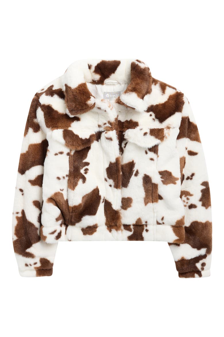 Kids' Cow Print Faux Fur Trucker Jacket, Main, color, IVORY BROWN COW