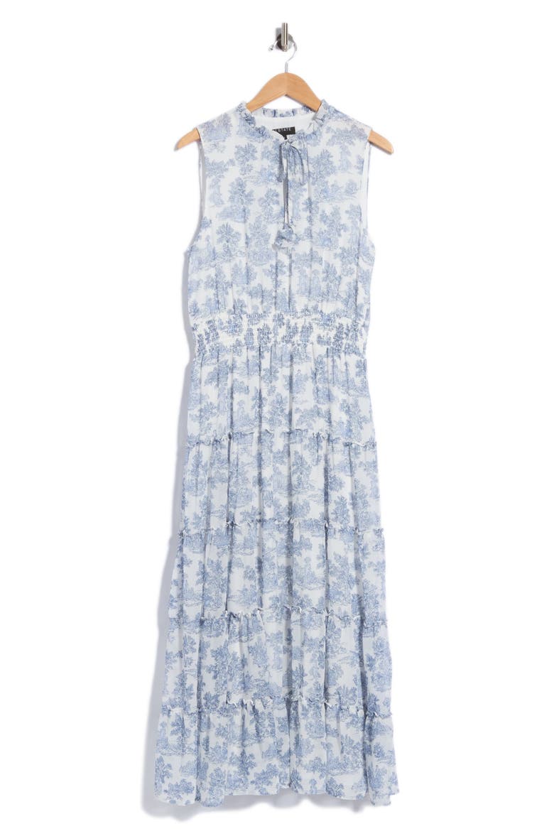 Smocked Neck Tiered Maxi Dress, Main, color, BLUE DENIM