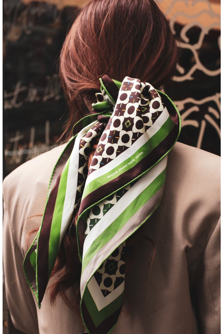 Double Sided Silk Scarf Of Polka Dot Bloom - Brown, Alternate, color, Brown