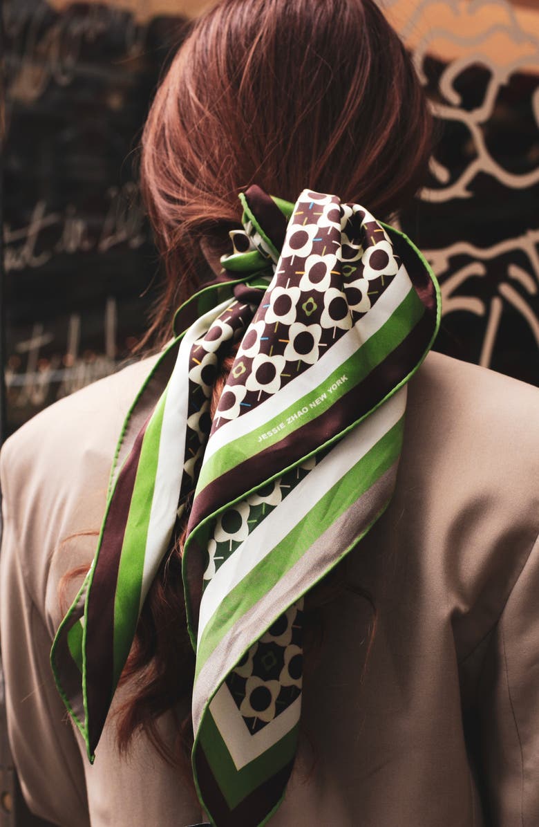 Jessie Zhao New York Double Sided Silk Scarf Of Polka Dot Bloom - Brown, Alternate, color, Brown