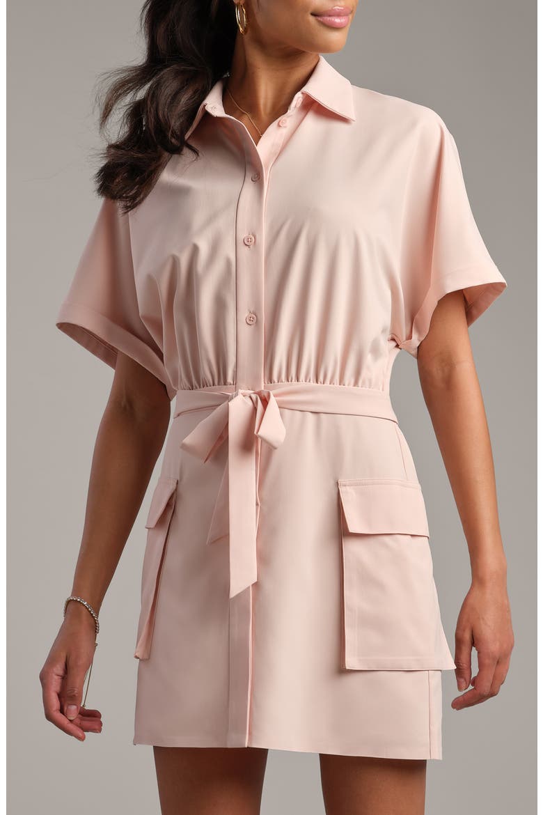 Mirage Water Repellent Short Sleeve Mini Shirtdress, Main, color, ROSE PETAL
