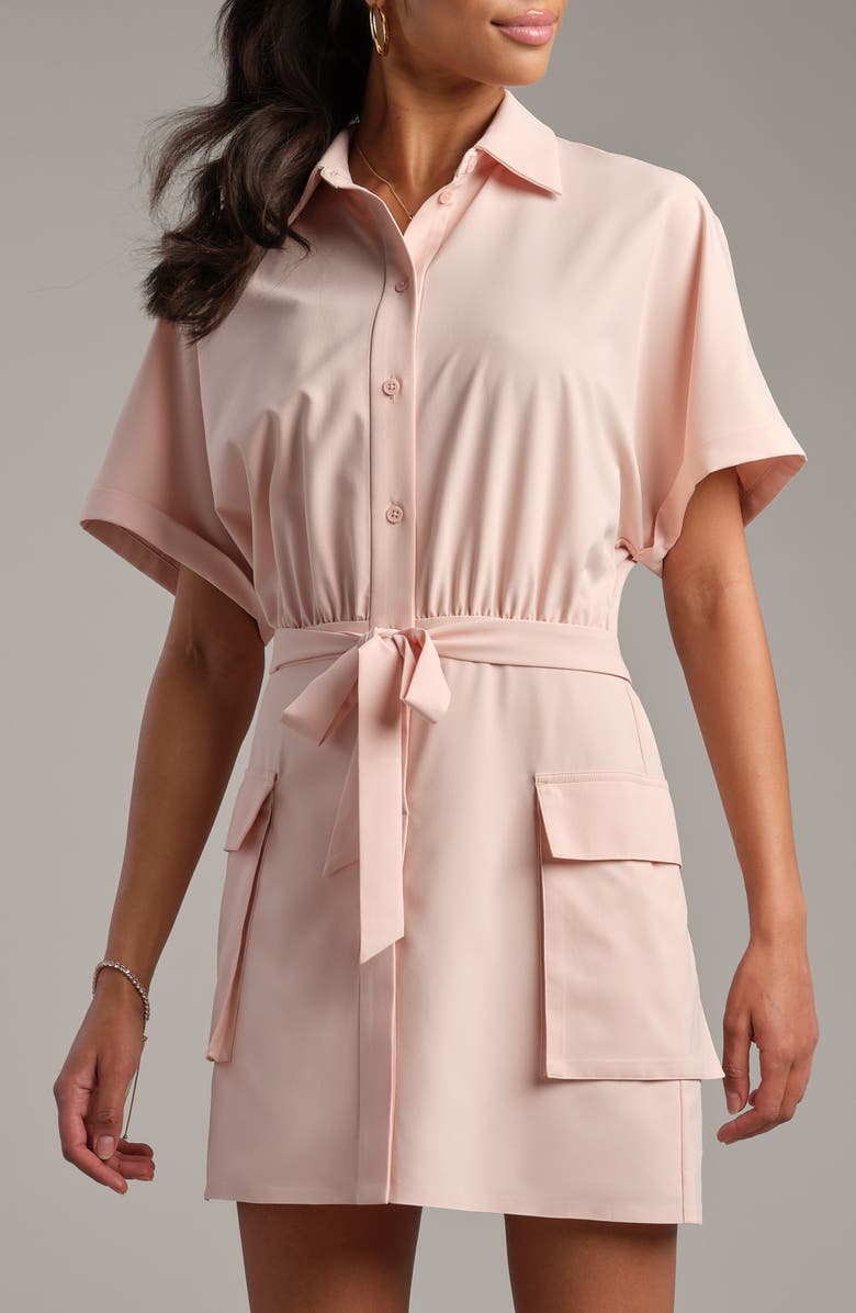 Rhone Mirage Water Repellent Short Sleeve Mini Shirtdress, Main, color, Rose Petal