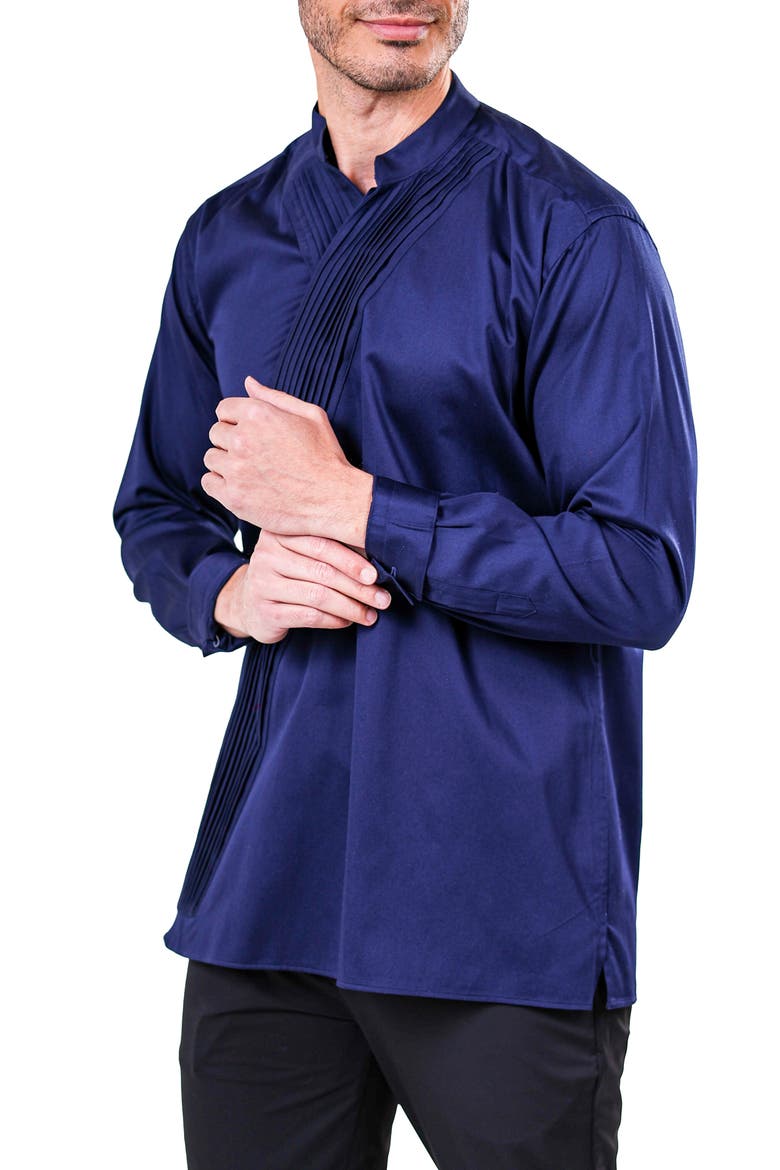 Kymono Asymmetric Pleat Button-Up Shirt, Alternate, color, BLUE