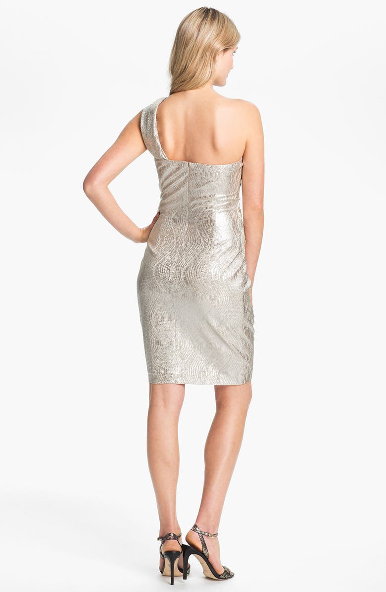 Eliza J One Shoulder Beaded Patch Metallic Sheath Dress, Alternate, color, 