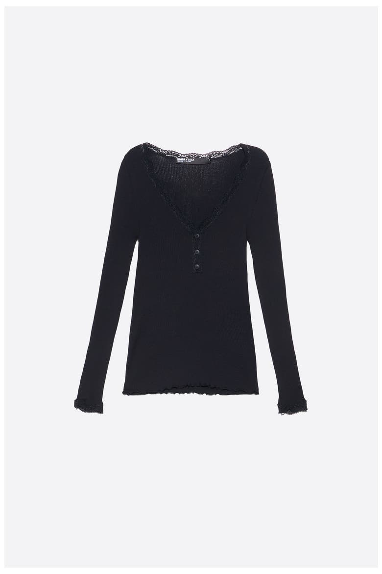 Ribbed V-neck Lace Trim T-shirt, Alternate, color, BLACK