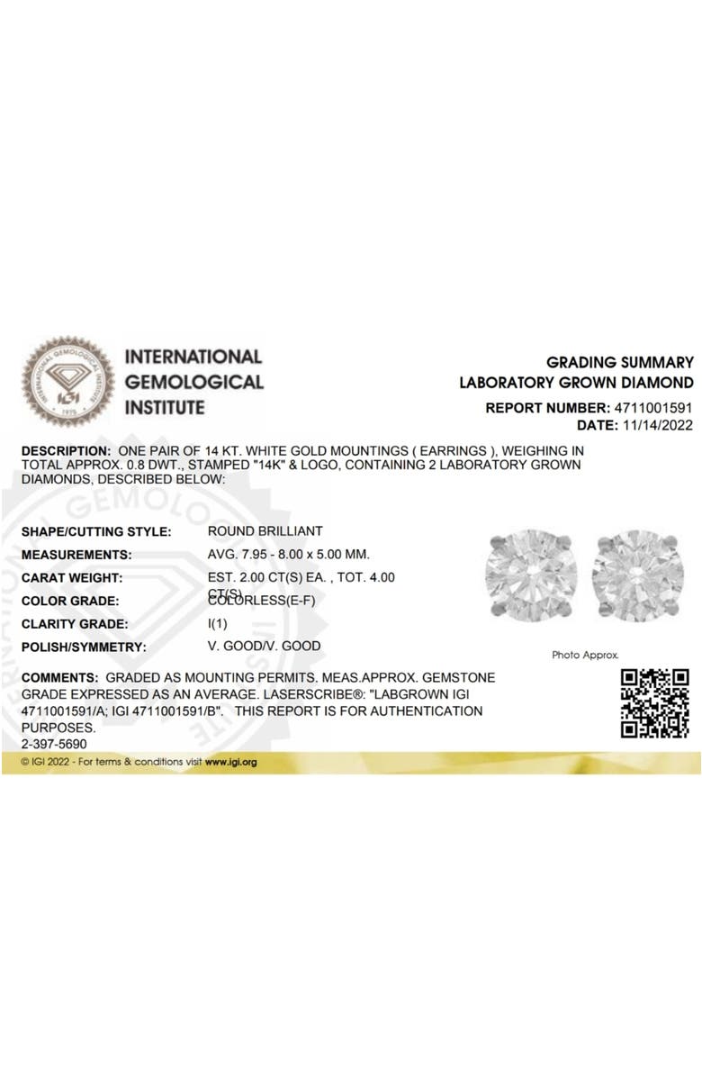 Bliss Diamond 4 Ct T.W. Certified Diamond Screw Back Studs 14k Gold Lab Grown, Alternate, color, 14K White Gold