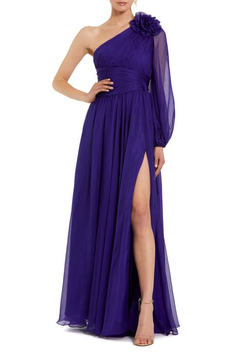 One Sleeve Ruched Chiffon Gown With 3D Flower