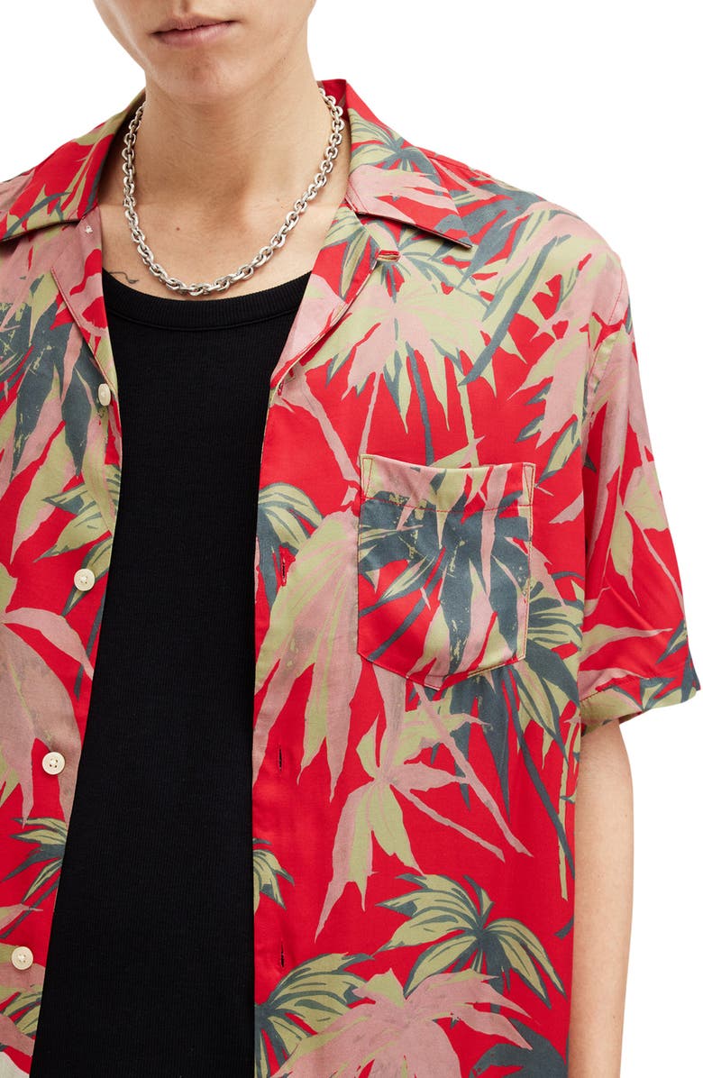 AllSaints Hudson Oversize Palm Tree Print Camp Shirt, Alternate, color, Scarlett Red