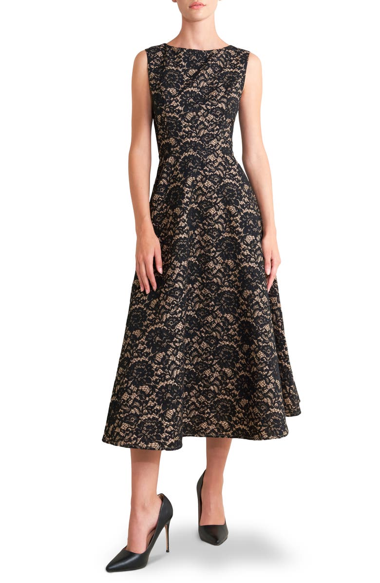 FREEMARKET Sleeveless Cotton Blend Lace Fit & Flare Midi Dress, Main, color, Black/ Camel
