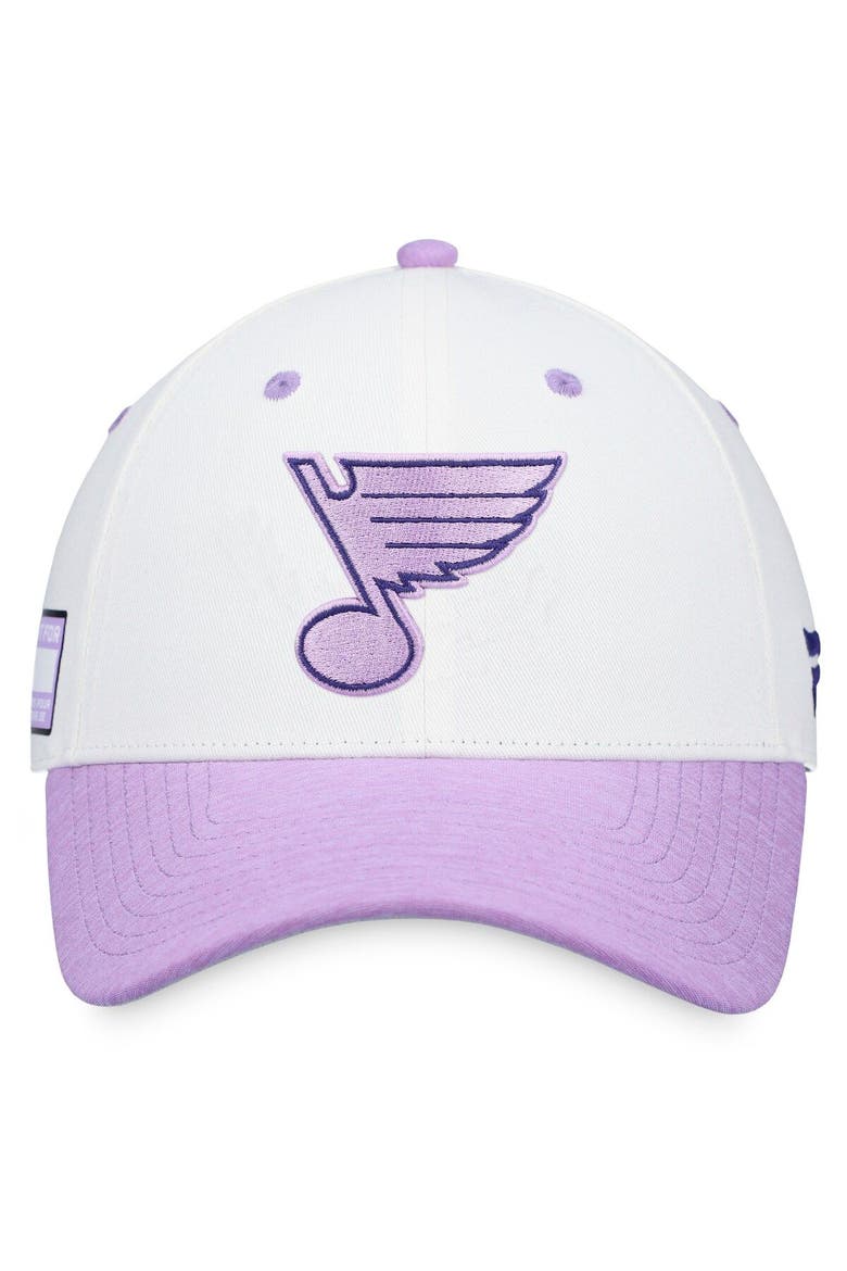 Men's Fanatics Branded White/Purple St. Louis Blues 2022 Hockey Fights Cancer Authentic Pro Snapback Hat, Alternate, color, White