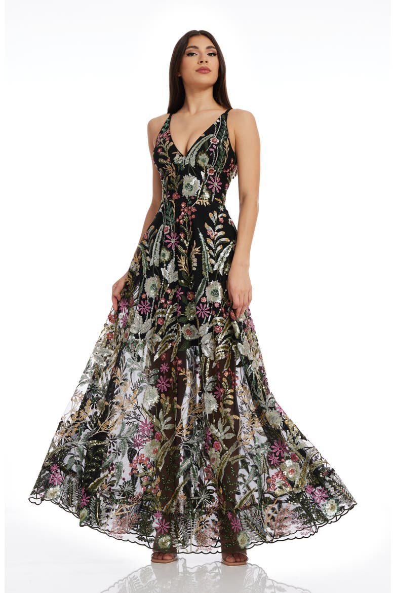 Ariyah Floral Sequin A-Line Gown, Alternate, color, BLACK MULTI