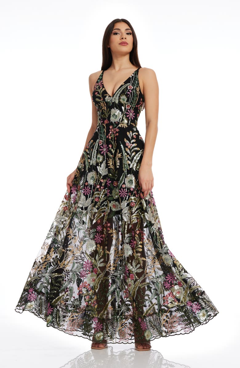 Dress the Population Ariyah Floral Sequin A-Line Gown, Alternate, color, Black Multi
