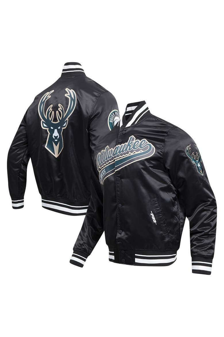 Men's Pro Standard Black Milwaukee Bucks Script Tail Full-Snap Satin Varsity Jacket, Main, color, Black