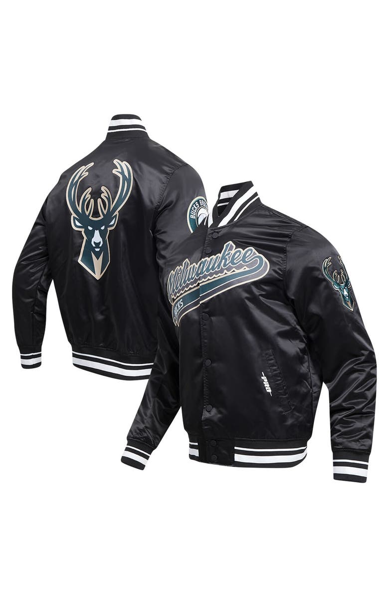PRO STANDARD Men's Pro Standard Black Milwaukee Bucks Script Tail Full-Snap Satin Varsity Jacket, Main, color, 