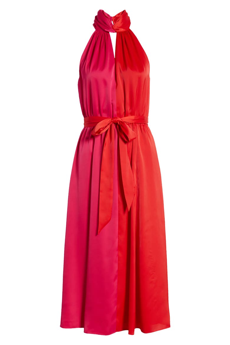 Twist Neck Belted Colorblock Midi Dress, Alternate, color, POPPY/ AMARANTH