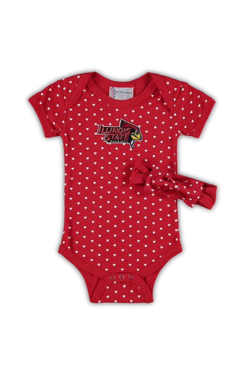 TWO FEET AHEAD Girls Infant Red Illinois State Redbirds Hearts Bodysuit & Headband Set, Alternate, color, 