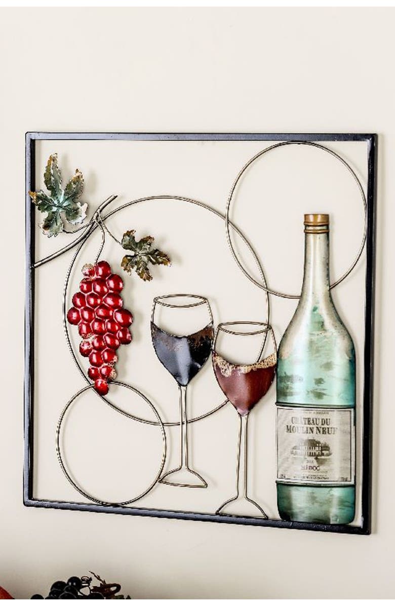 WILLOW ROW Traditional Framed Wine Bottle & Glasses Iron Wall Decor - Set of 2, Alternate, color, 