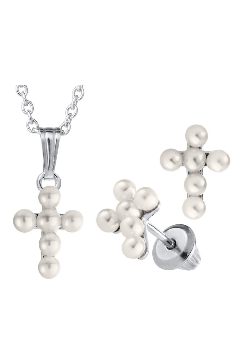 Cultured Pearl Cross Pendant Necklace & Earrings Set, Alternate, color, SILVER