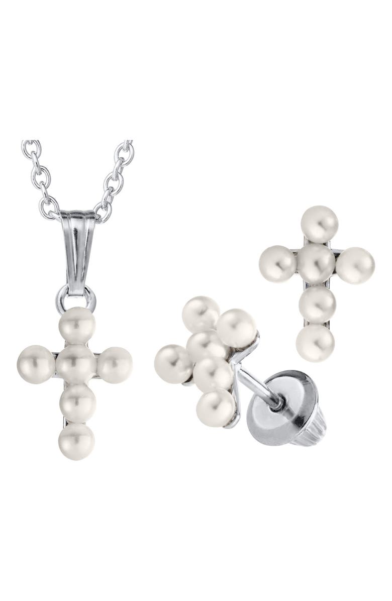 Mignonette Cultured Pearl Cross Pendant Necklace & Earrings Set, Alternate, color, Silver
