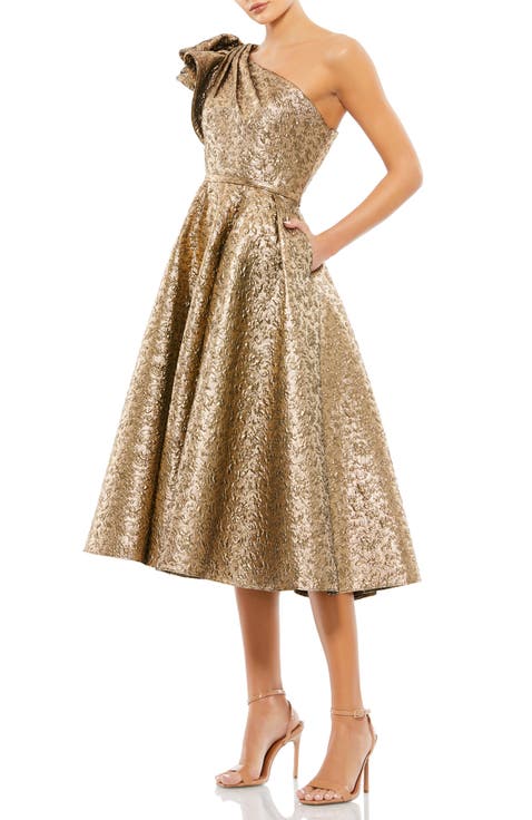 Women's One Shoulder Ruffle Metallic Midi Dress