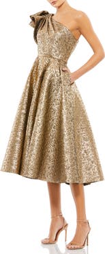 Mac Duggal Women's One Shoulder Ruffle Metallic Midi Dress