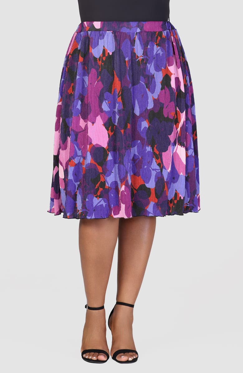 24seven Comfort Apparel Shimmery Pleated Floral Skirt, Main, color, Purple Multi