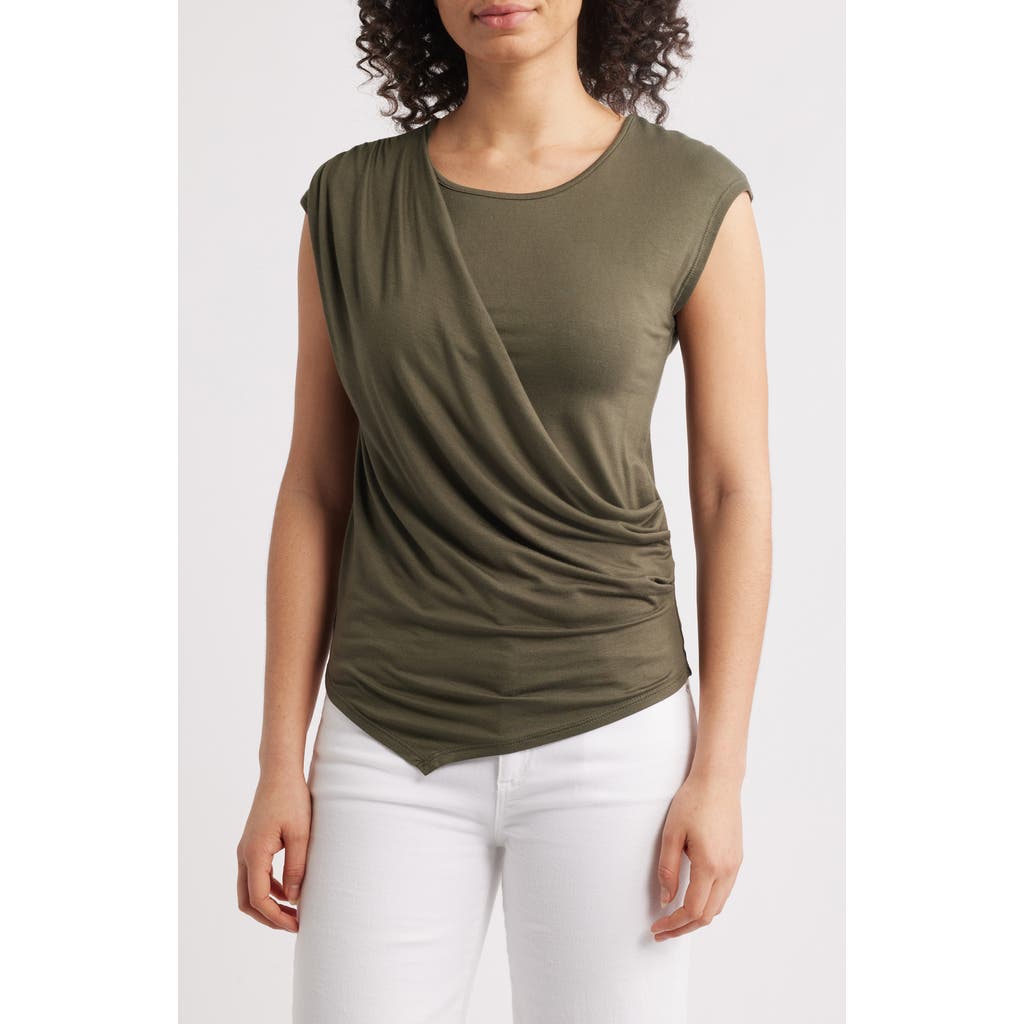 Loveappella Drape Asymmetric Top In Olive