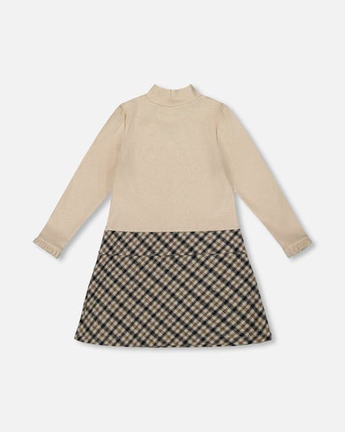 Deux Par Deux Long Sleeve Bi-material Mock Neck Dress And Plaid In Brown