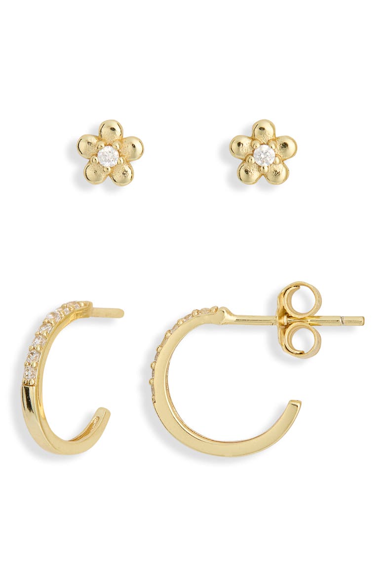 Set of 2 Flower Stud & Hoop Earrings, Main, color, GOLD