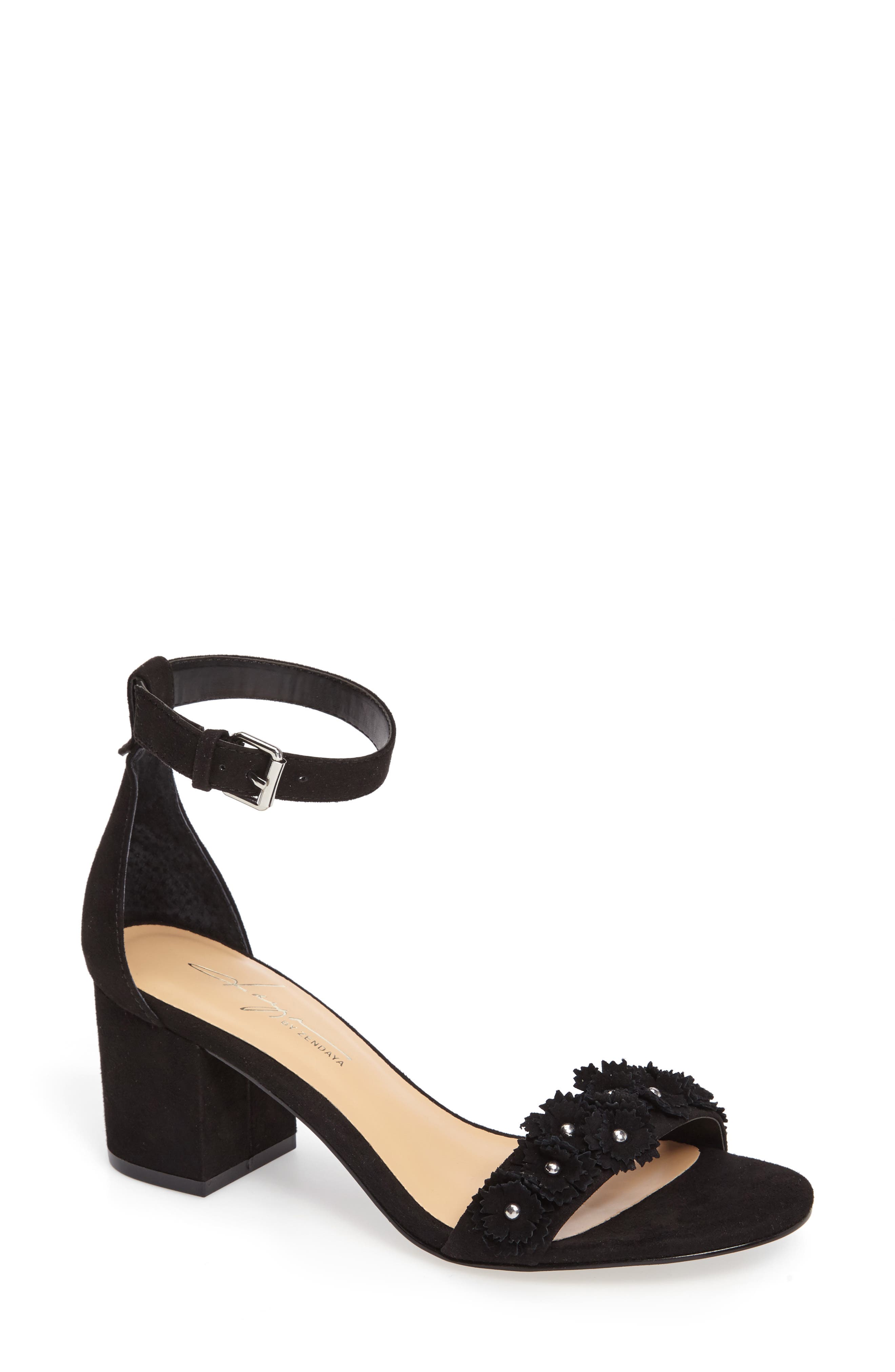 by Zendaya Marietta Flowered Sandal, Main, color, BLACK MICROSUEDE