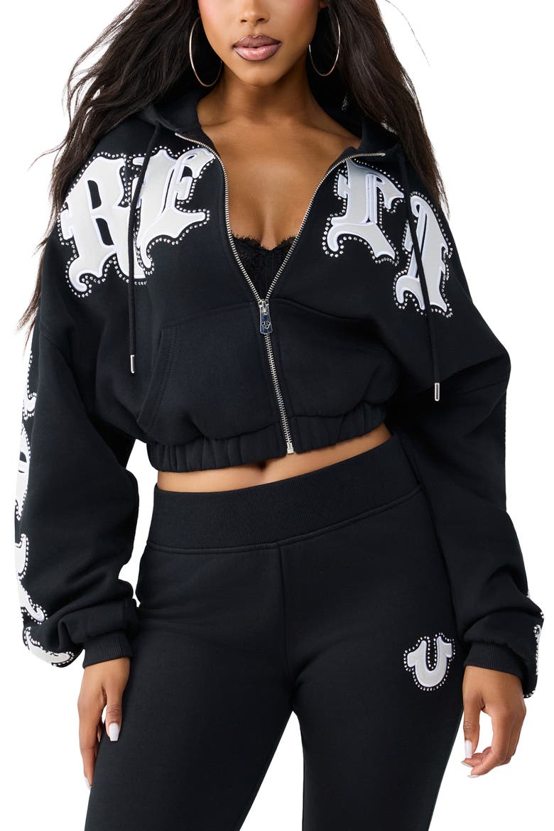 Crystal Patched Relaxed Full Zip Hoodie, Main, color, JET BLACK
