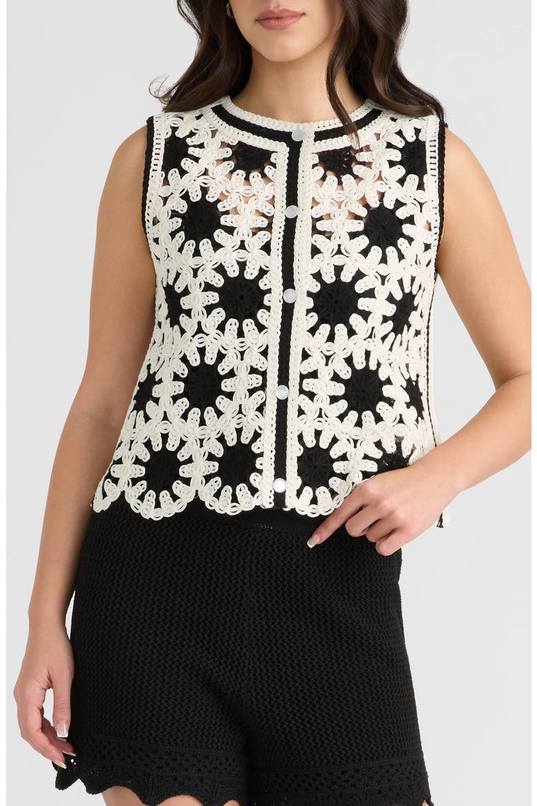 Buttoned Crochet Shell, Main, color, BLACK/ MARSHMALLOW