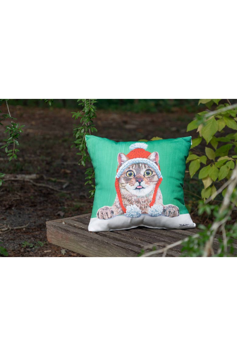 Funny Holiday Cat with Santa Hat Christmas Throw Pillow 18" x 18", Alternate, color, Green