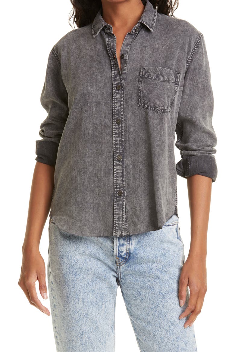 Ingrid Raw Hem Long Sleeve Button-Up Shirt, Main, color, BLACK ACID WASH