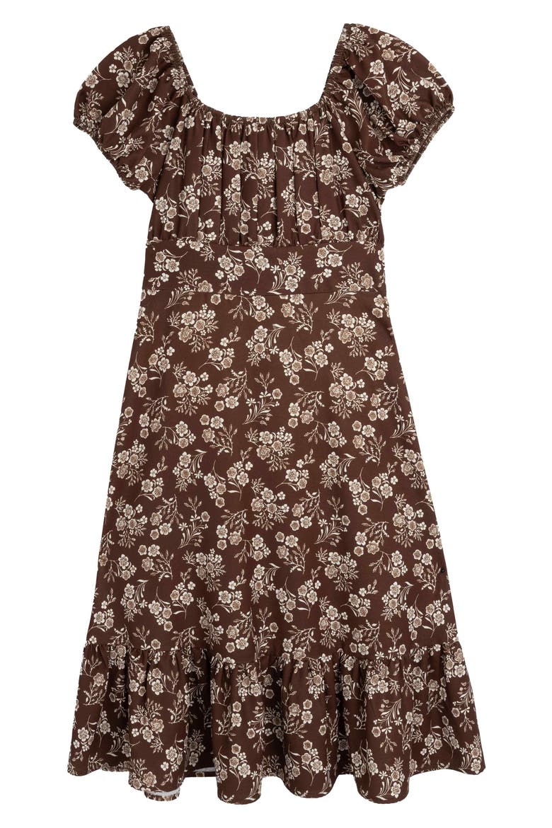 Kids' Floral Puff Sleeve Midi Dress, Main, color, BROWN/ IVORY JM
