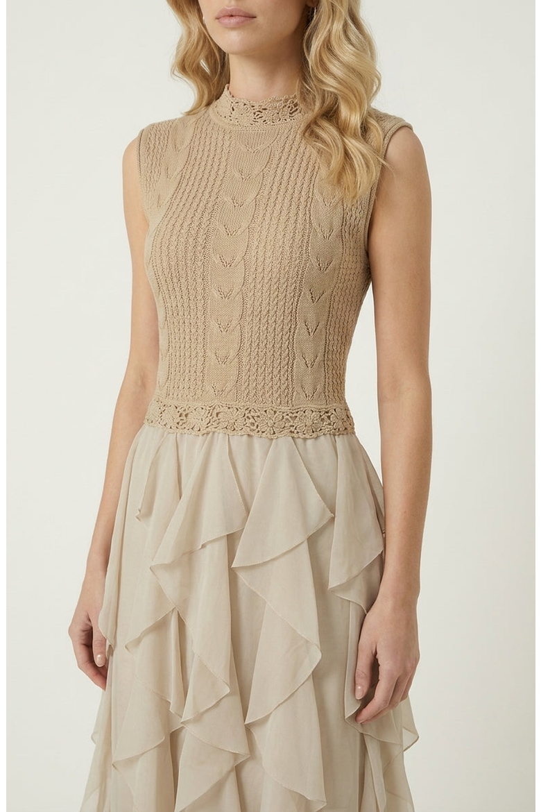Sleeveless Knit Dress with Crochet Detail and Layered Chiffon Ruffle Skirt, Alternate, color, Tan